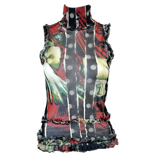 Jean Paul Gaultier Polka Dot Figure Print Sleeveless Turtleneck Mesh Tank