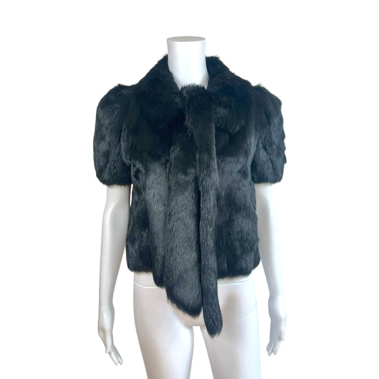 Armani Collezioni 2011 Black Rabbit Fur Short Sleeve Tie-Front Jacket