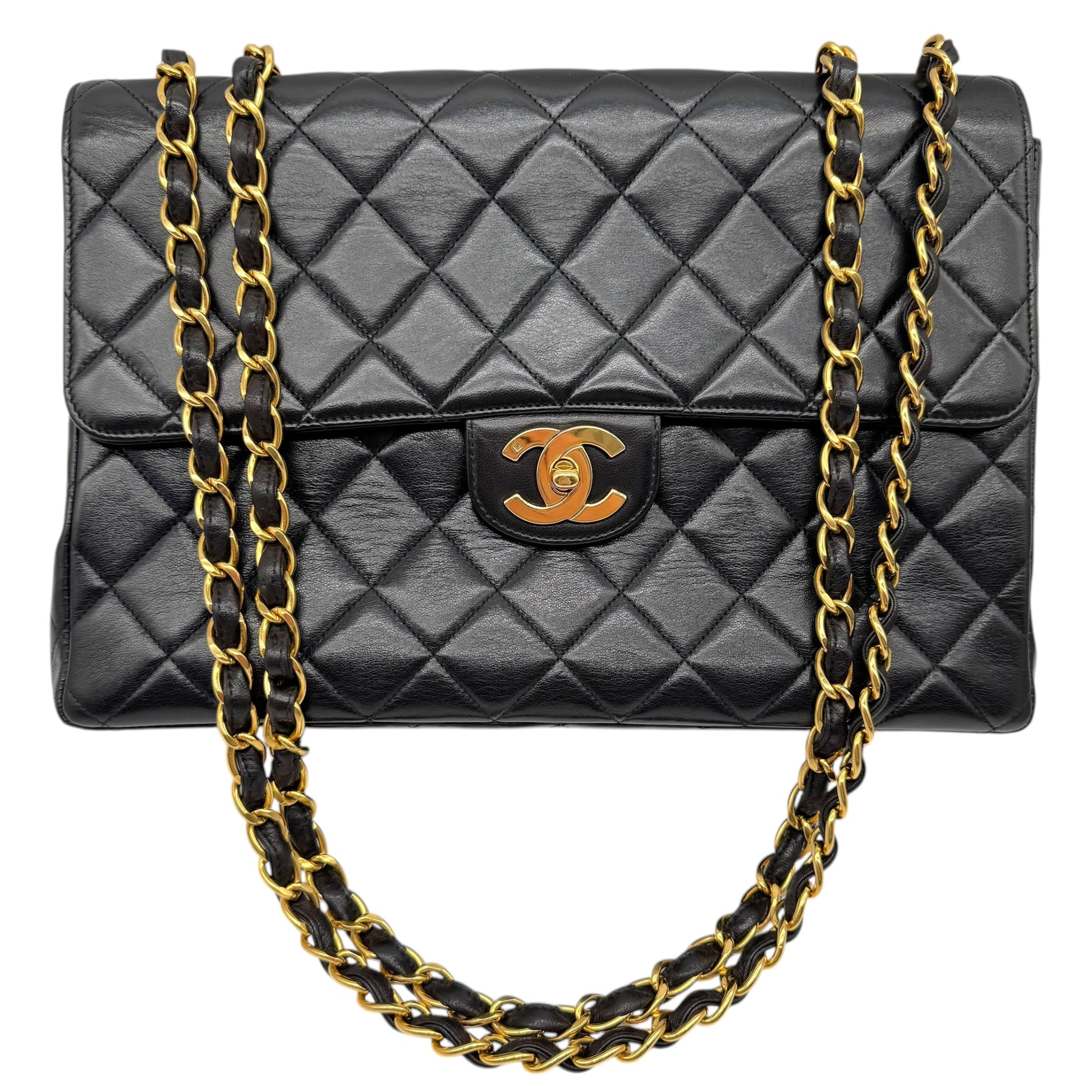 Chanel Black Lambskin Matelasse Jumbo Classic Flap Bag