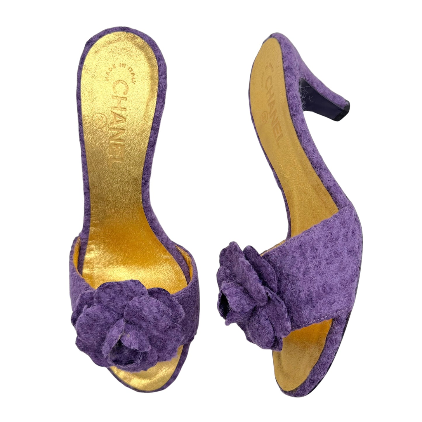 Chanel Purple Knit Mule Heels with Camellia Flower Detail