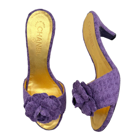 Chanel Purple Knit Mule Heels with Camellia Flower Detail