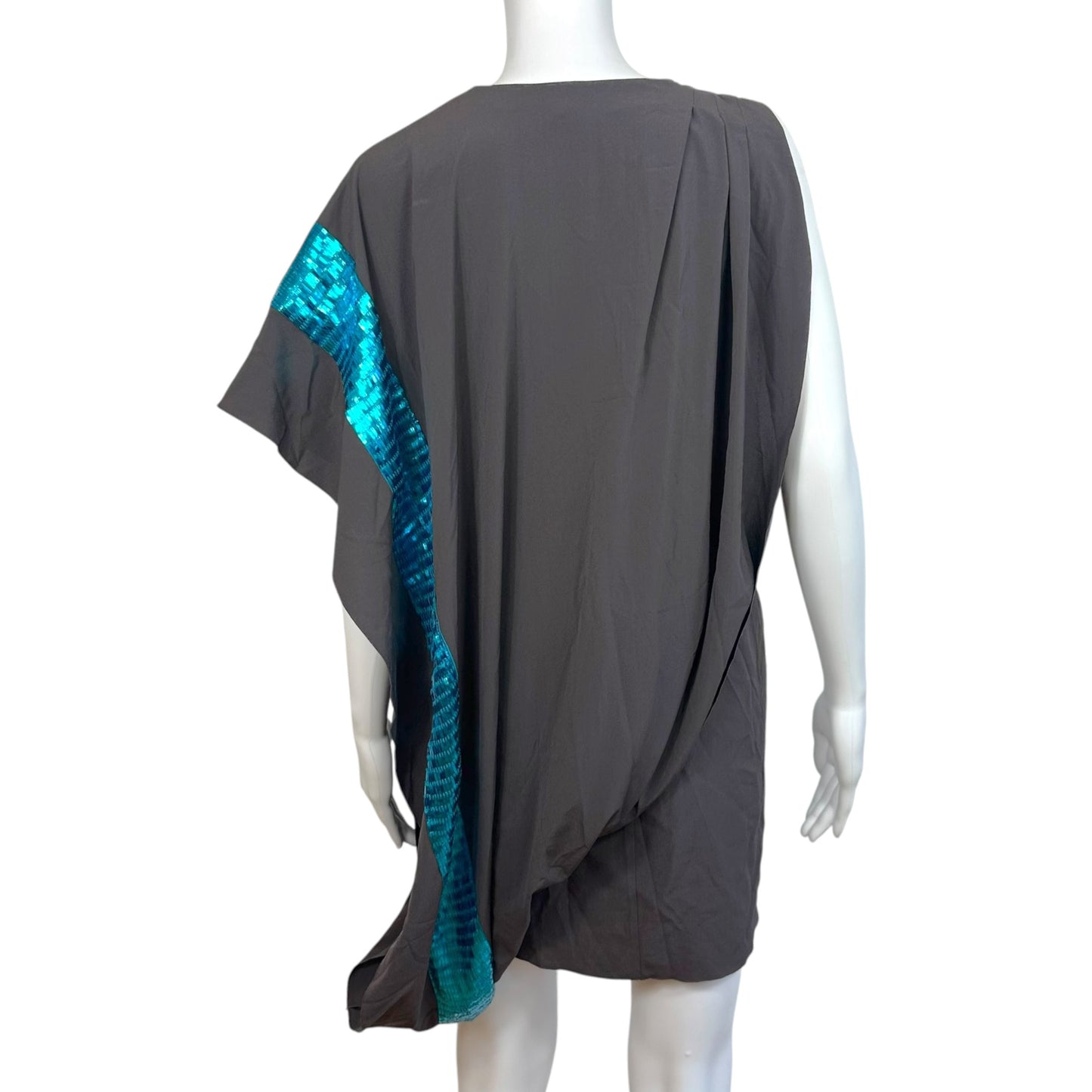 Missoni Brown Silk & Turquoise Sequin Embellished Asymmetrical Batwing Sleeve Mini Dress