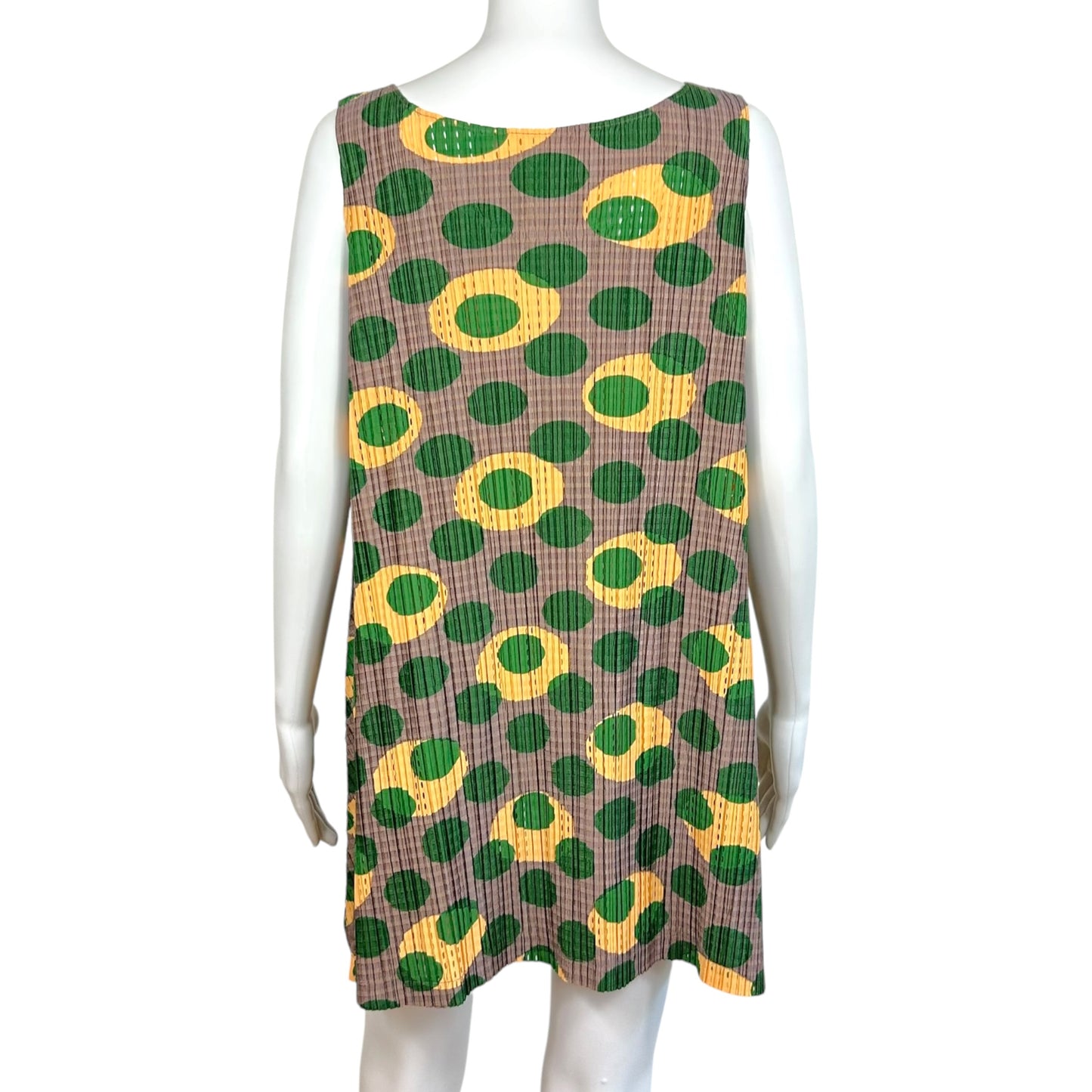 Issey Miyake Pleats Please Taupe Green & Yellow Polka Dot Pleated Sleeveless Mini Dress