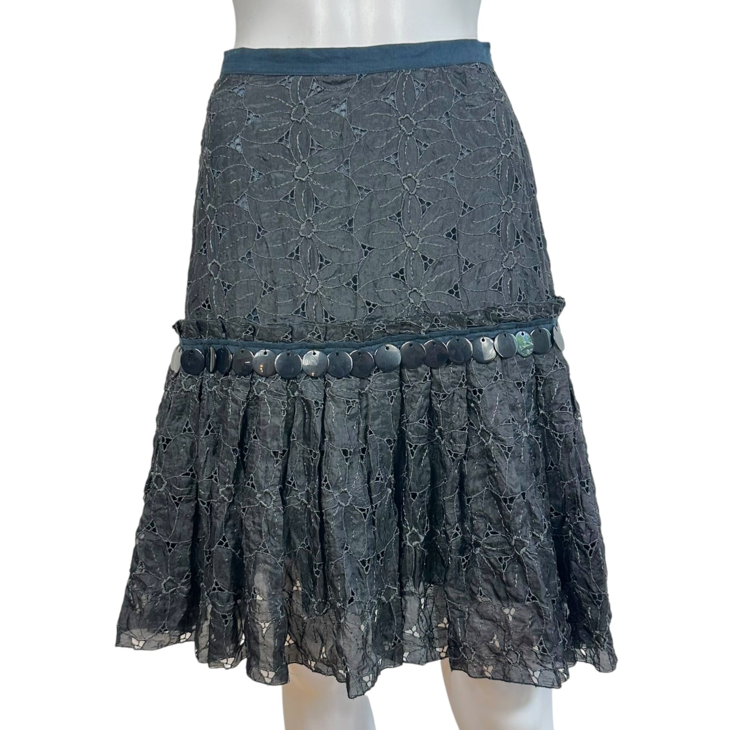 Blumarine Black Silk Beaded Floral Midi Skirt