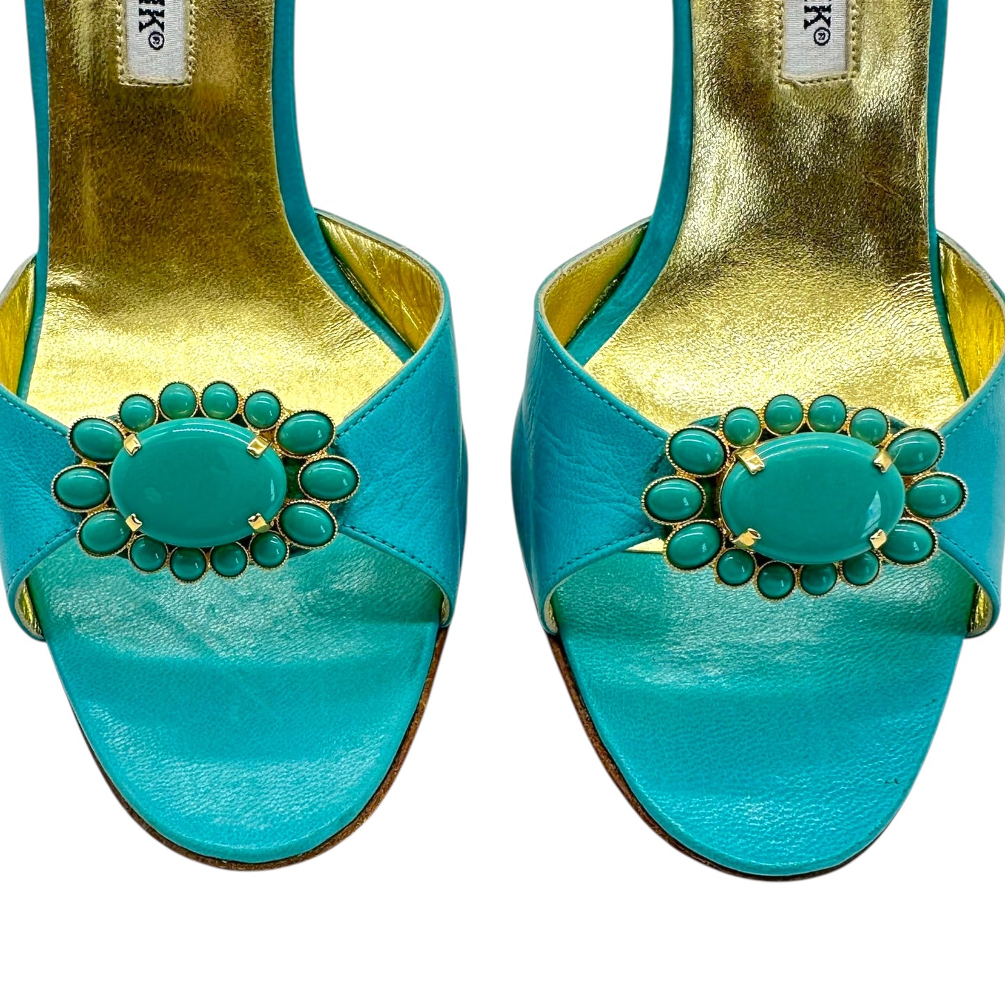 Manolo Blahnik Teal Blue Leather Embellished Sandal Heels