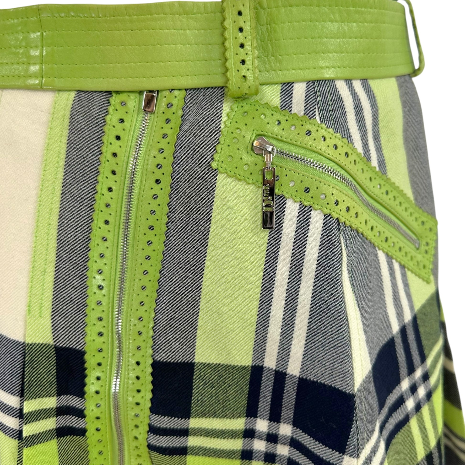 Christian Dior F/W 2004 Green Leather & Plaid Pleated Mini Skirt - Outfit Repeater