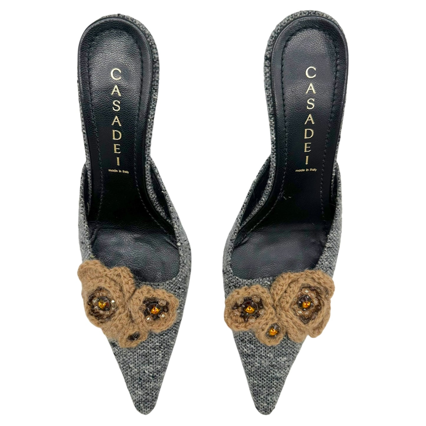 Casadei Kitten Heel Mules Gray Tweed Knit
