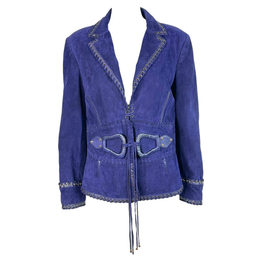 Roberto Cavalli 2006 Navy Blue & Gold Suede Whipstitch Trim Blazer Jacket