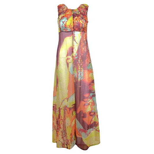 Jean Paul Gaultier Multicolor Psychedelic Face Print Mesh Maxi Dress