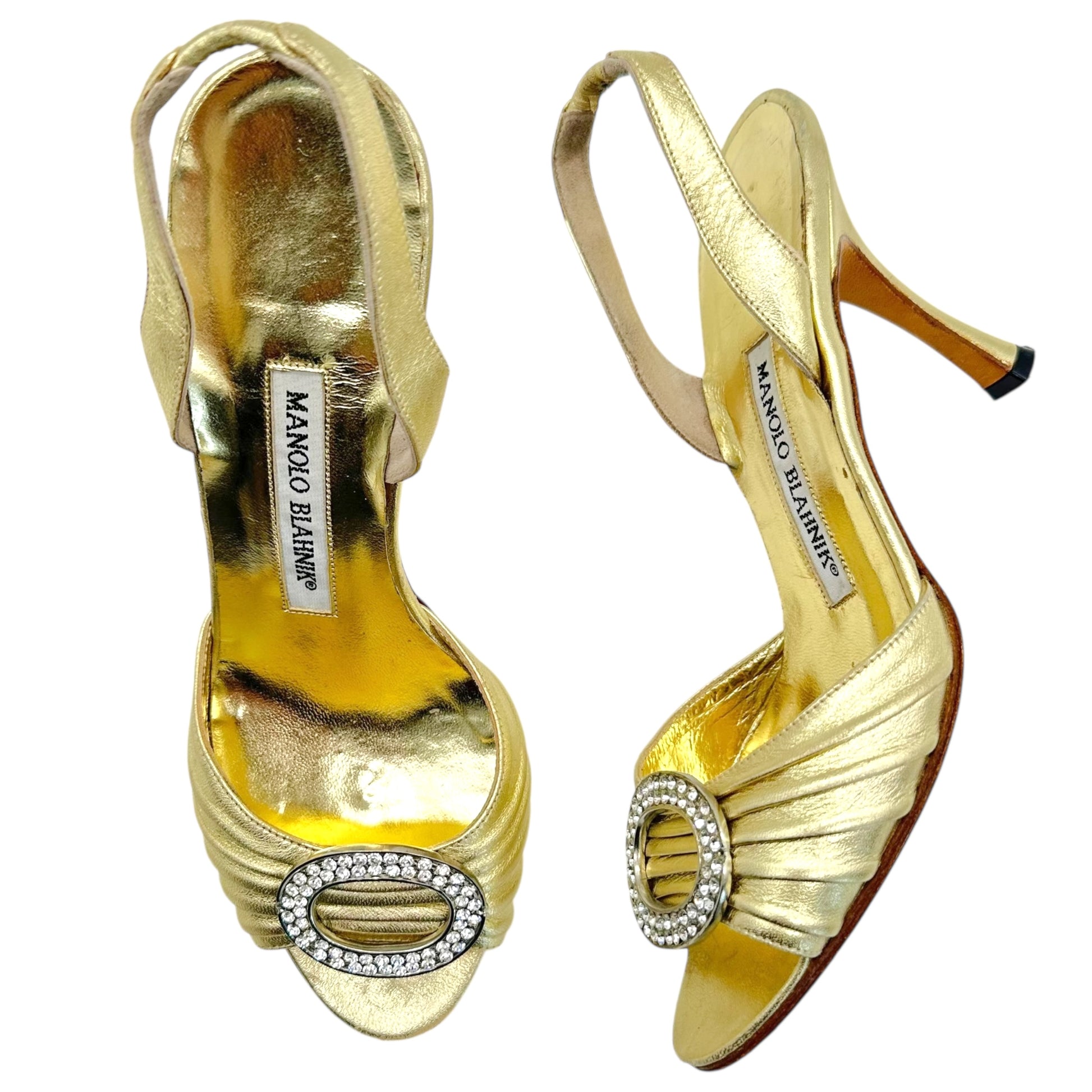 Manolo Blahnik Gold Leather & Rhinestone Slingback Heels - Outfit Repeater