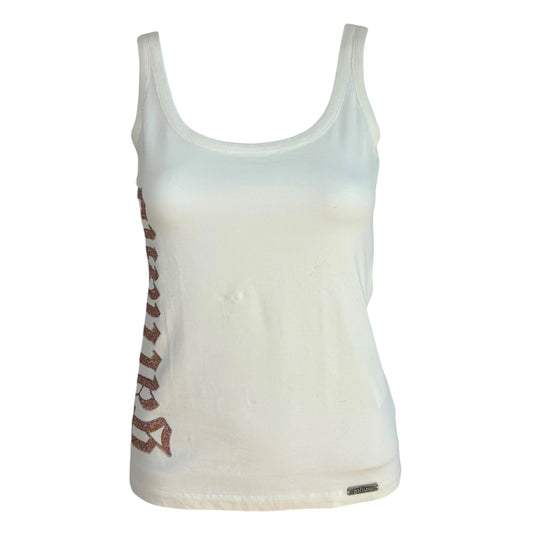 Galliano White Orange Glitter Logo Tank Top XS