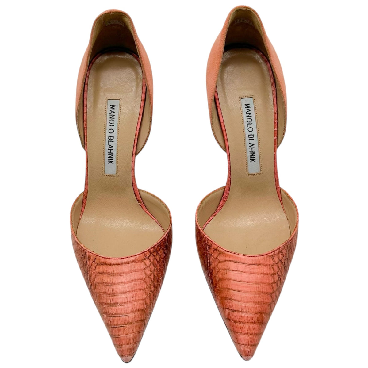Manolo Blahnik Salmon Pink Suede & Snakeskin D'Orsay Pointed Toe Pumps