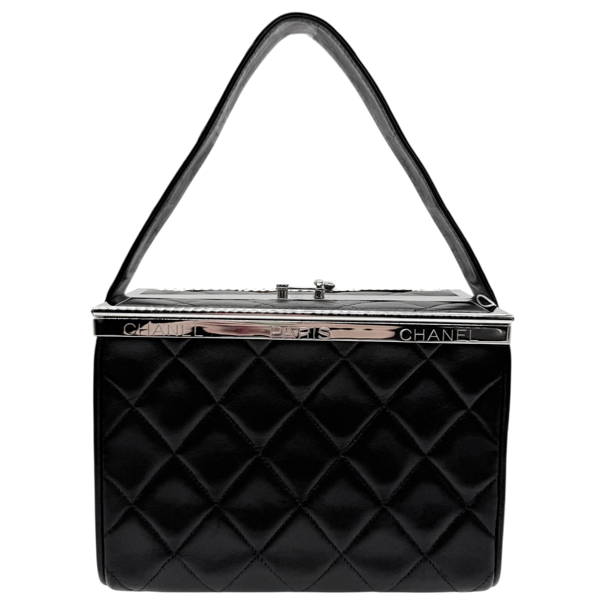 Chanel Black Matelasse Quilted Lambskin Metal Trim Vanity Bag 1996-97 - Outfit Repeater