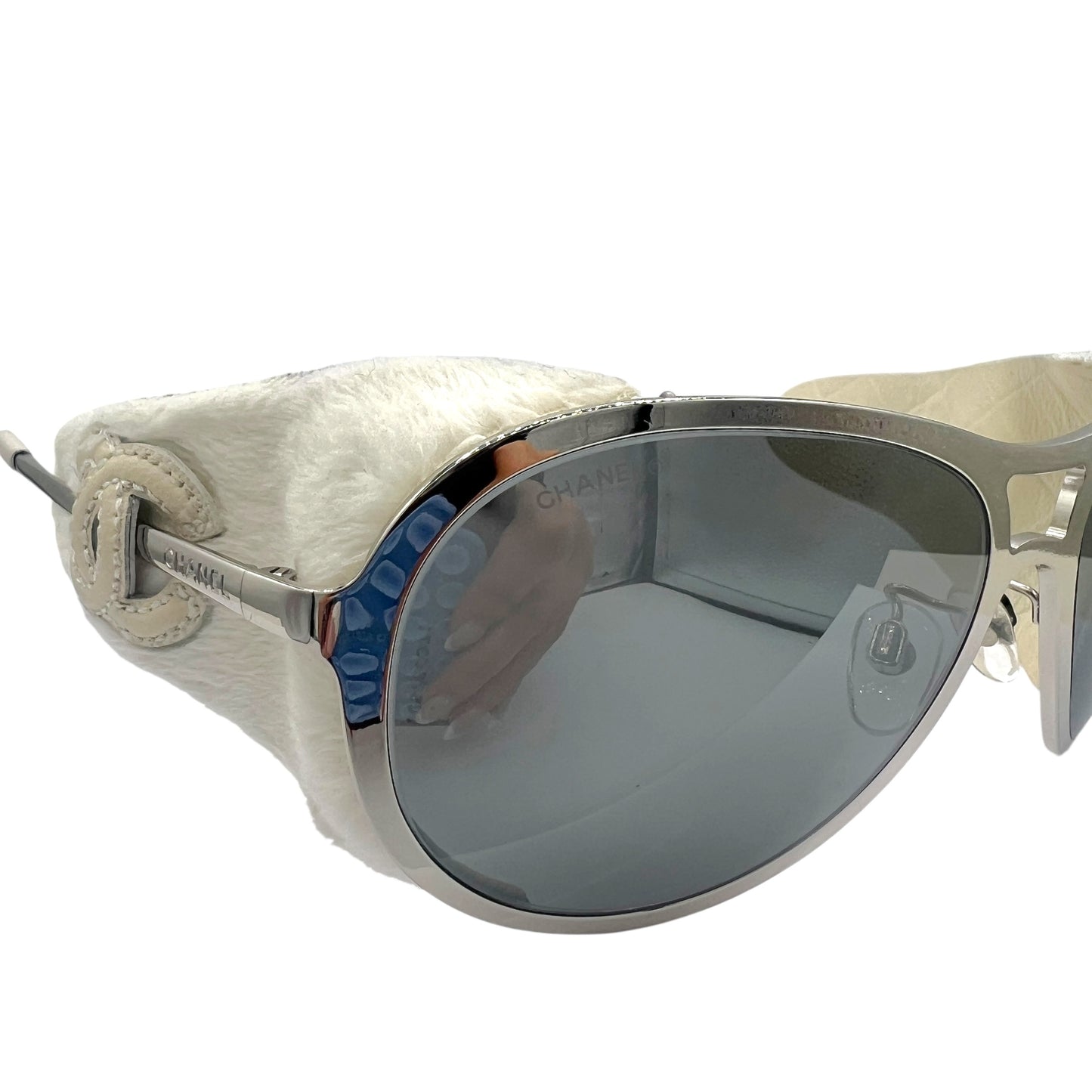 Chanel Silver & White Lambskin Detachable Side Aviator Sunglasses 50852A w/ Case RARE