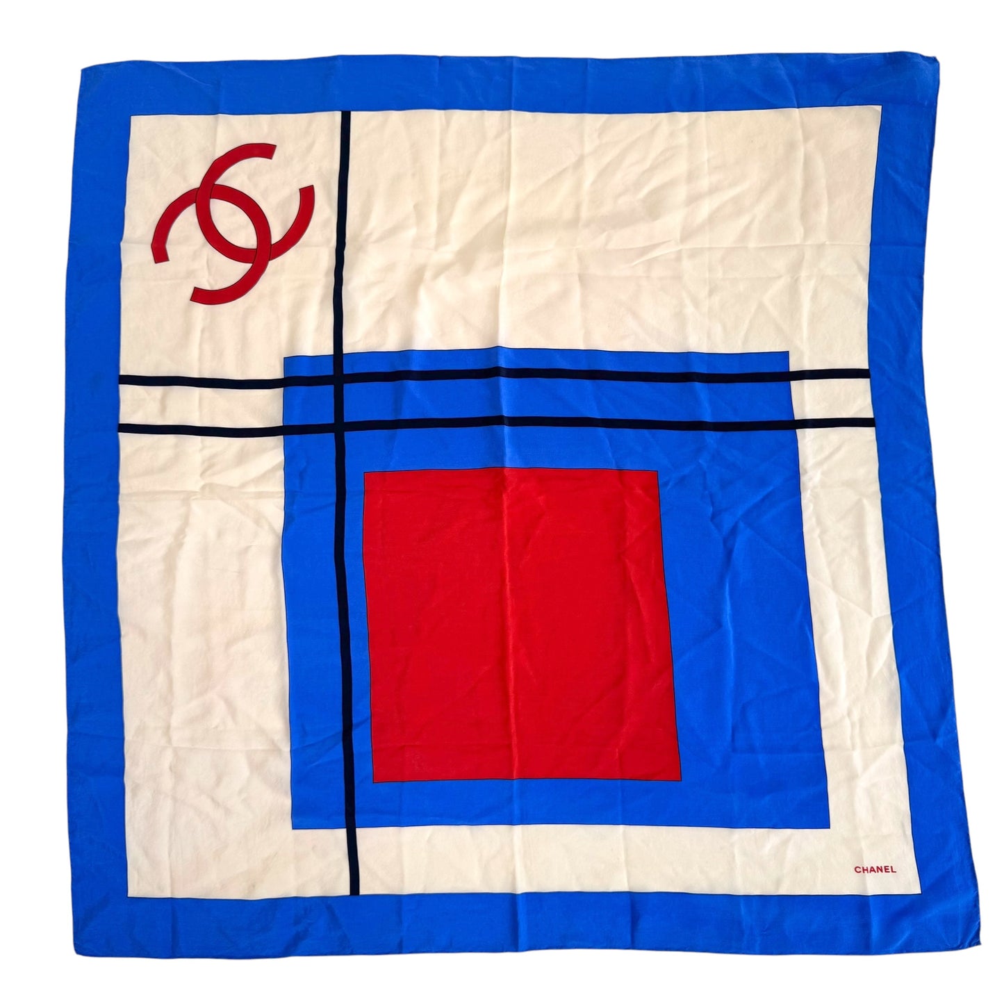 Chanel Blue Red & White Geometric CC Logo Silk Square Scarf