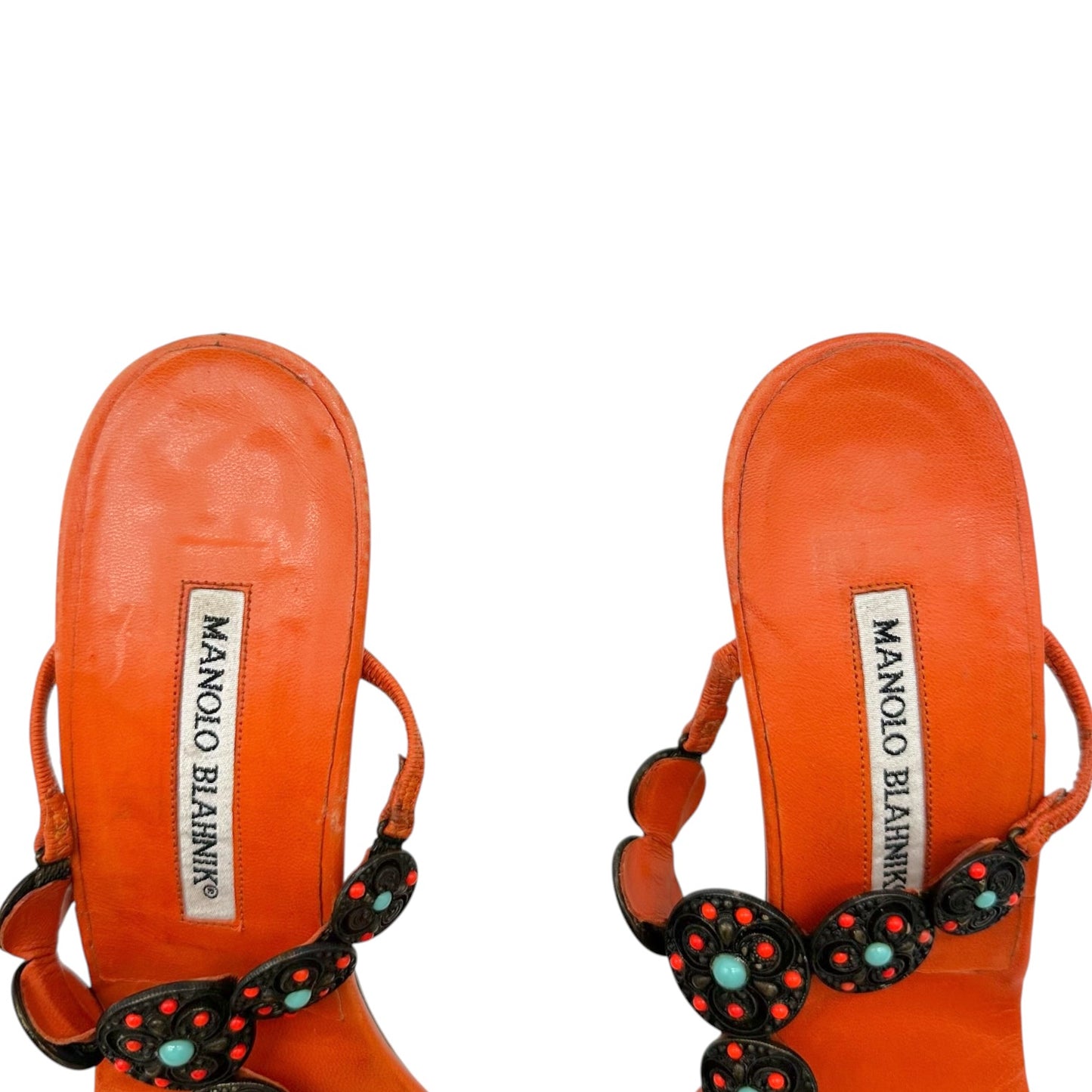 Manolo Blahnik Orange & Turquoise Beaded Kitten Heel Flip Flops