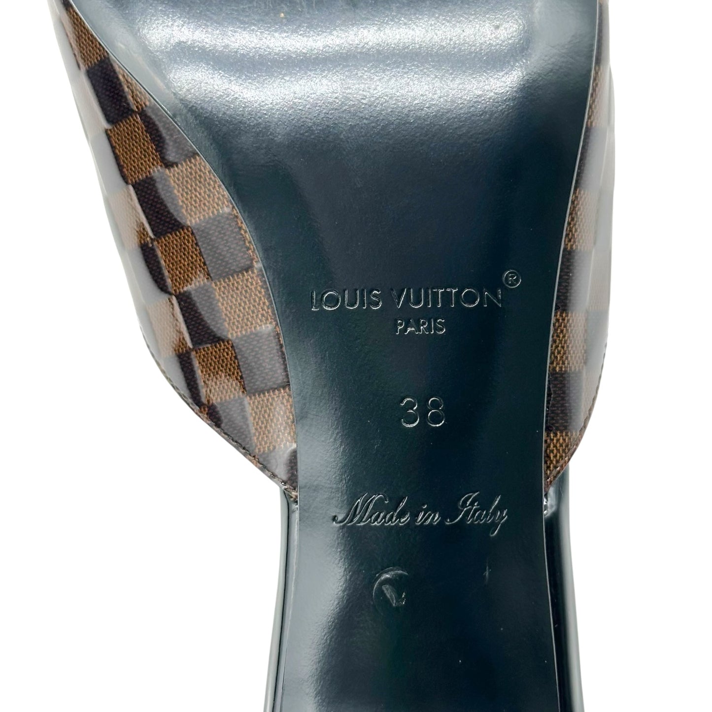 Louis Vuitton Damier Ebene Patent Pointed Toe Kitten Heel Mules