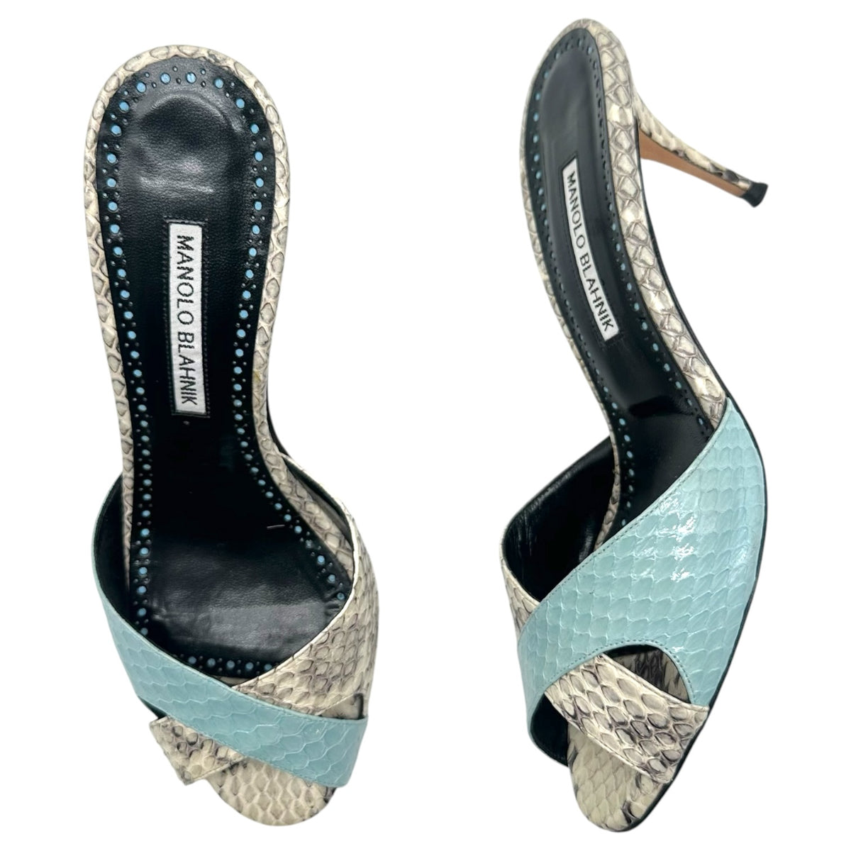 Manolo Blahnik Ivory & Light Blue Python Mule Sandal Heels