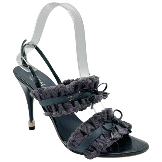 Chanel Dark Gray Ruffle Bow Sandal Heels