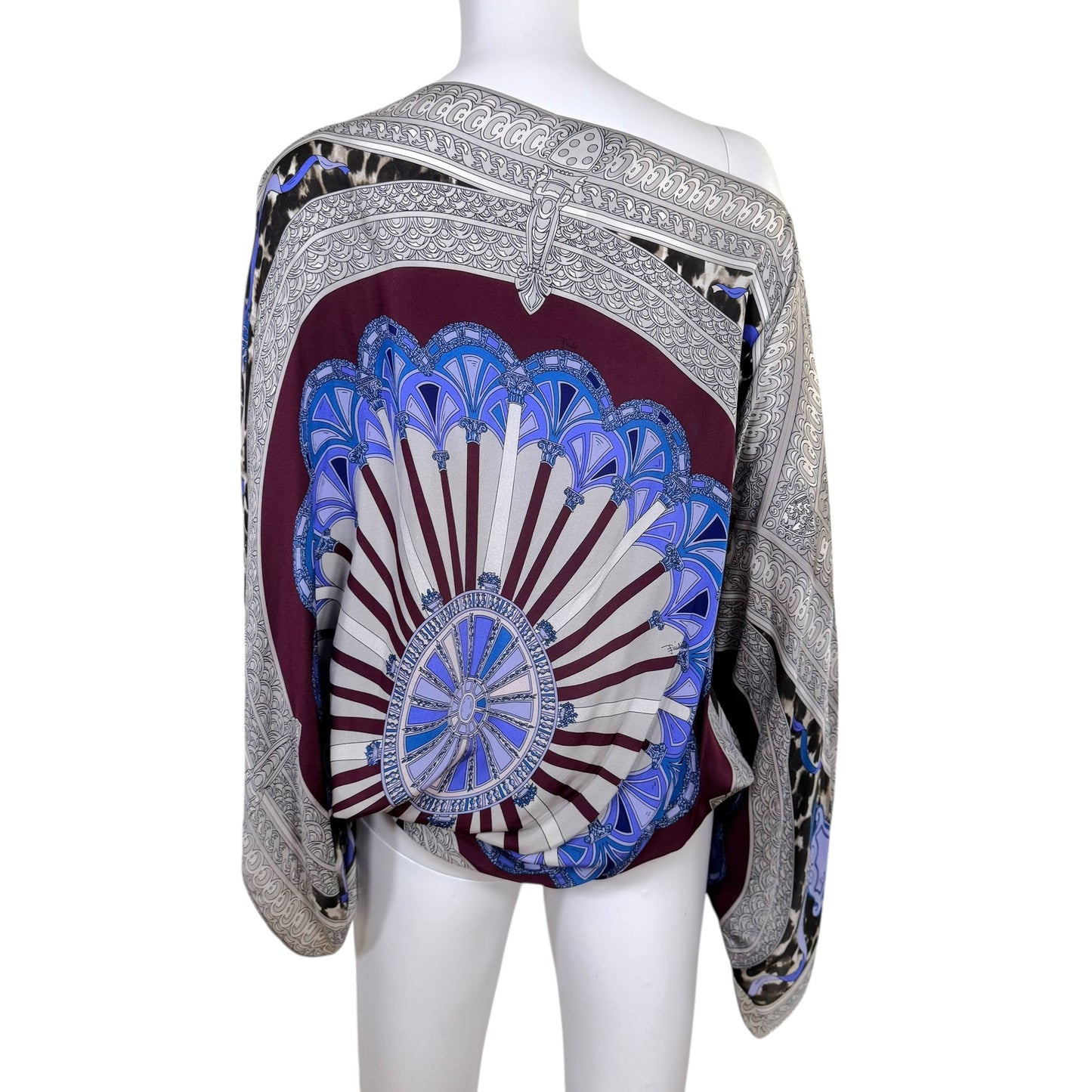 Emilio Pucci Blue & Gray Printed Silk Batwing Flowy Blouse - Outfit Repeater