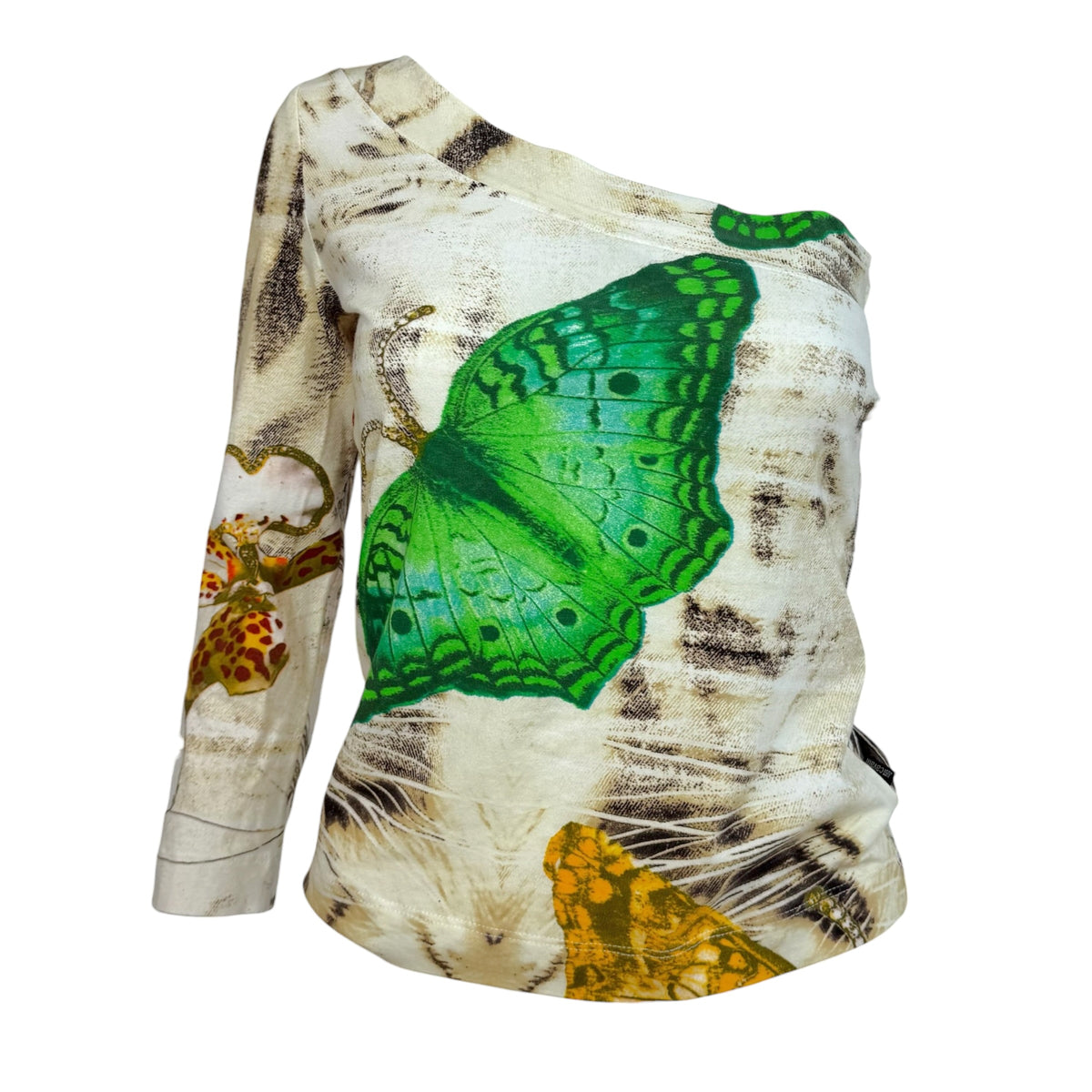 Just Cavalli Roberto Cavalli Butterfly Print One Shoulder Asymmetrical Top