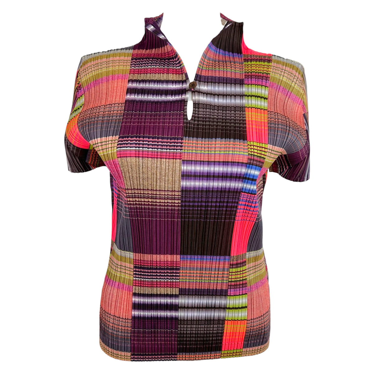 Issey Miyake Pleats Please Pink Purple Multicolor Striped Gradient Print Pleated Short Sleeve Blouse Sz 4