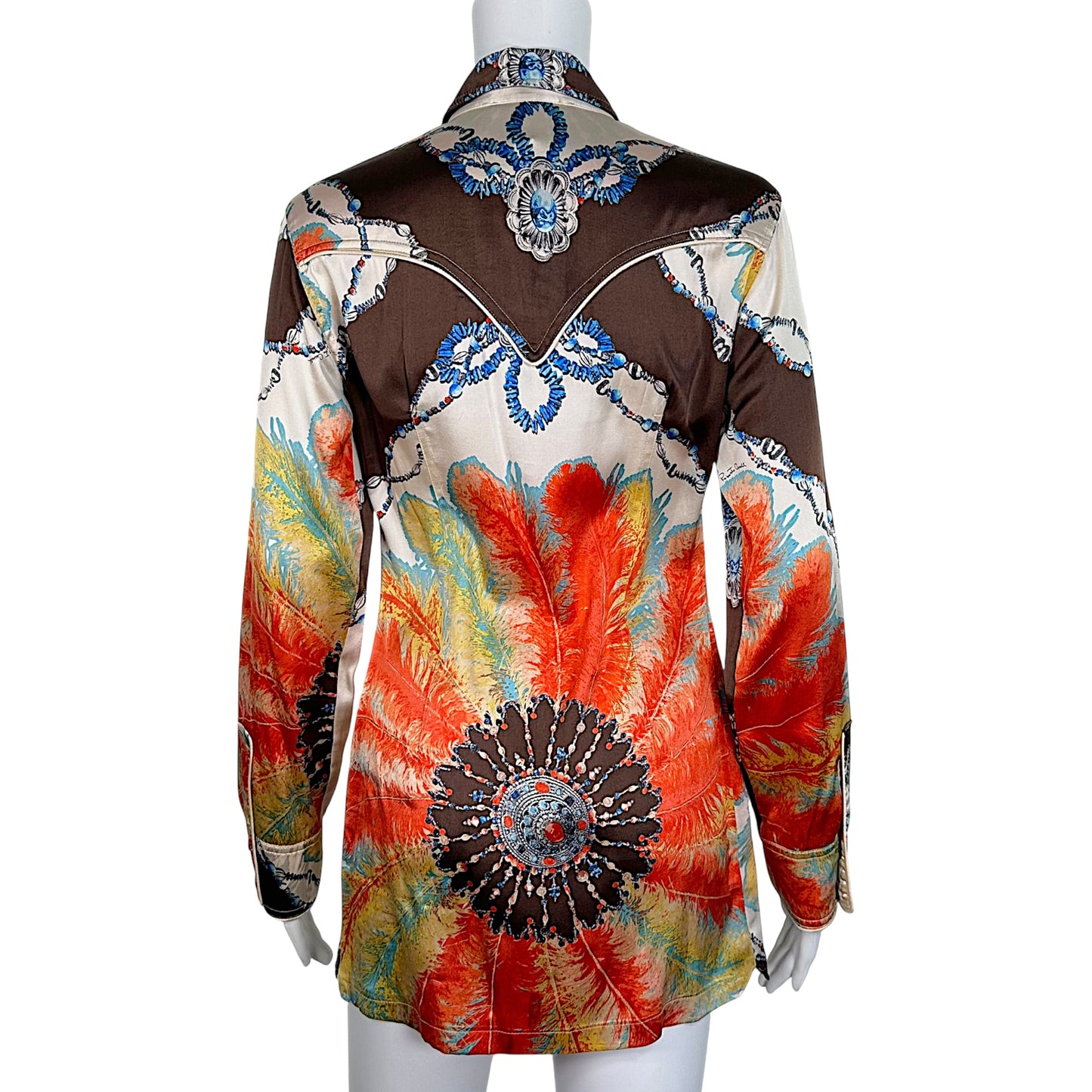 Roberto Cavalli S/S 2004 Multicolor Feather Print Silk Micro Mini Shirt Dress