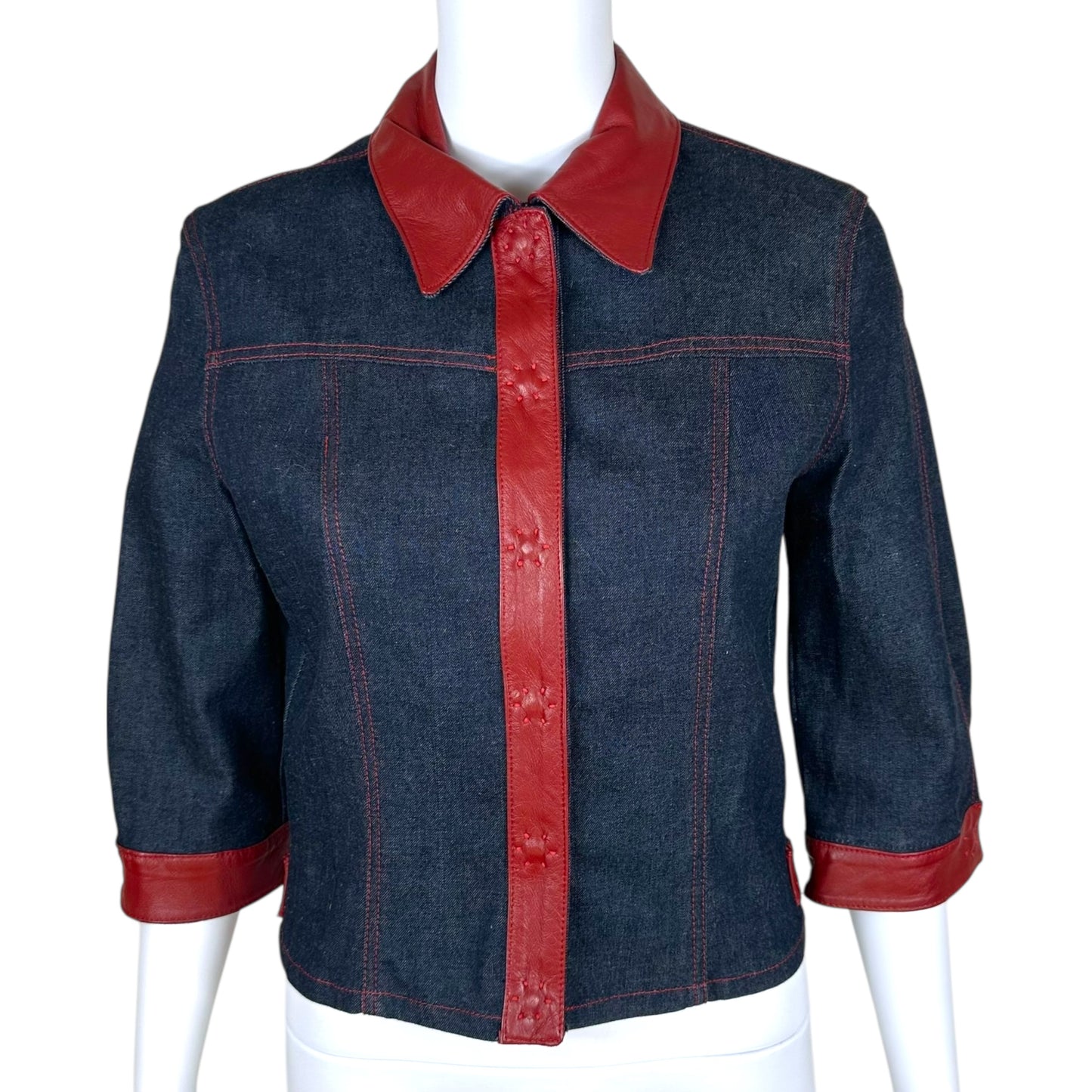 D&G Dolce & Gabbana Dark Denim & Red Leather Skirt & Jacket Set