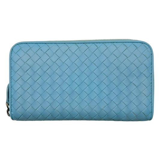 Bottega Veneta Long Zip Wallet Light Blue Intrecciato Leather
