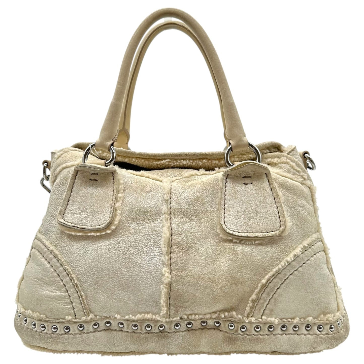 Prada Off White Studded Shearling 2-Way Bag