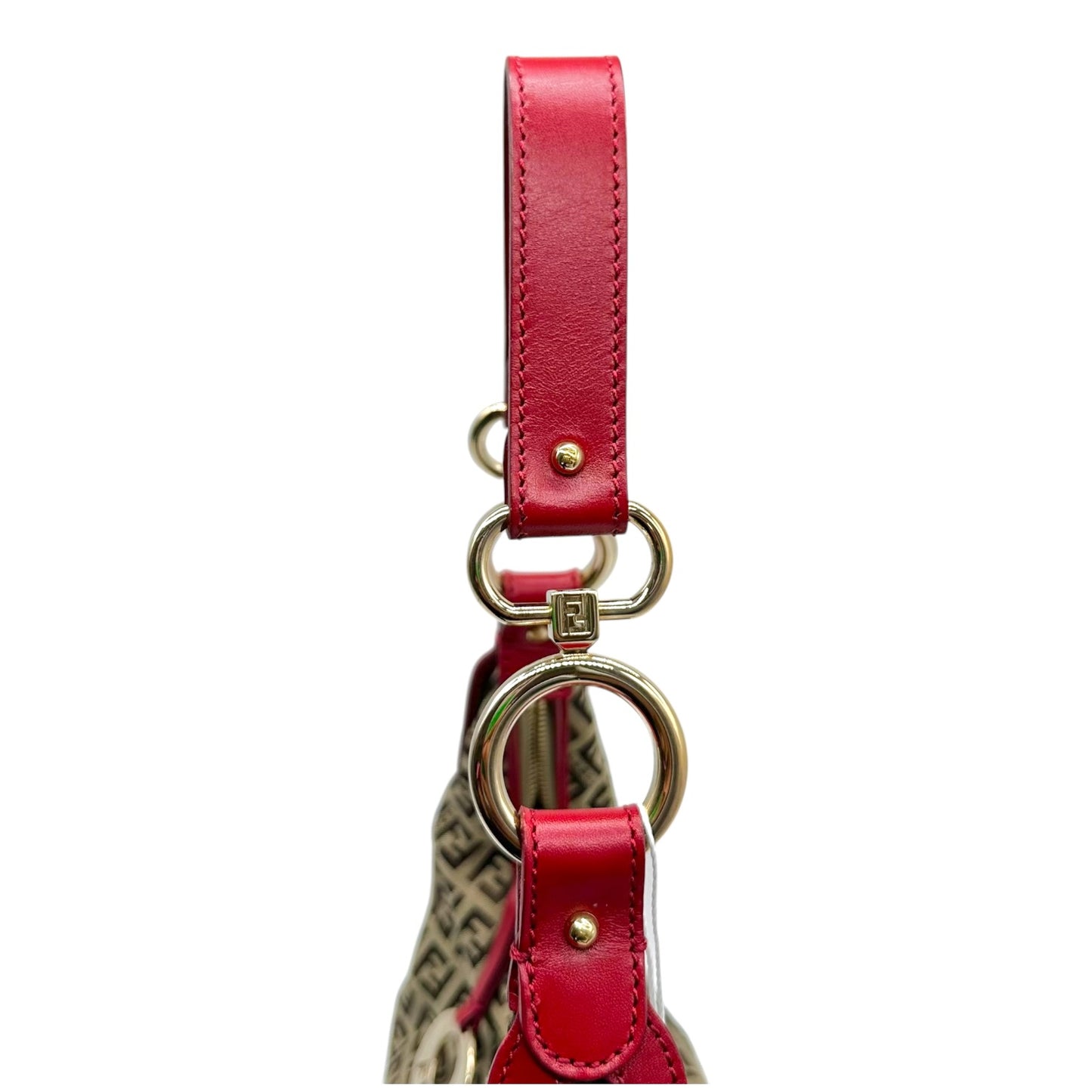 Fendi Tan Zucchino & Red Leather Crescent Hobo Shoulder Bag
