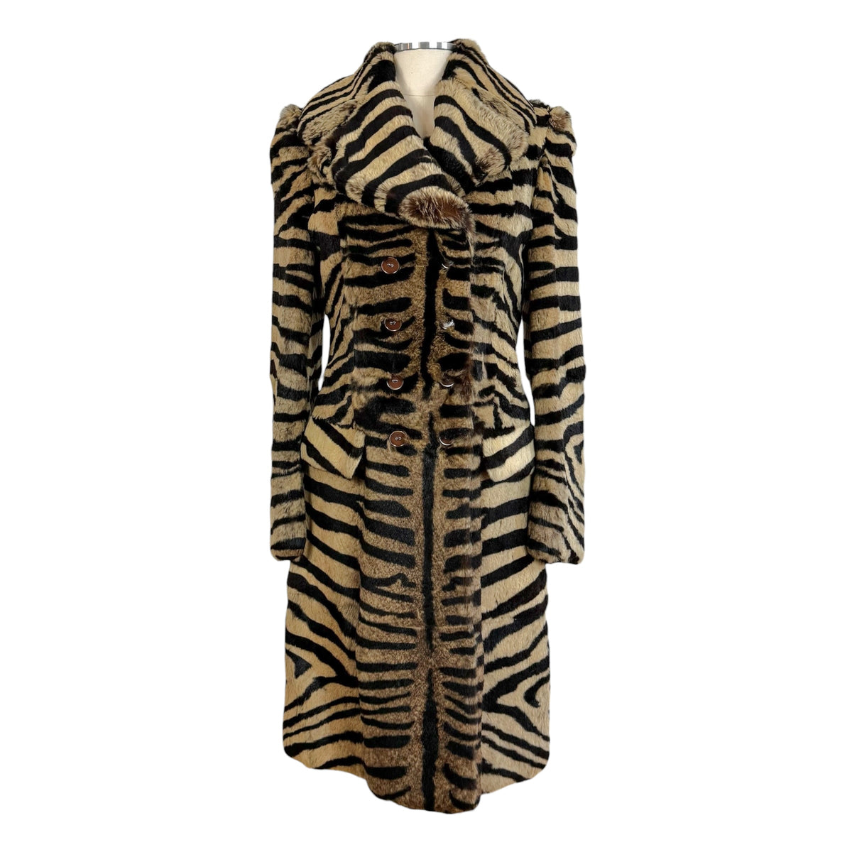 Salvatore Ferragamo Mid-Length Fur Coat Tan Black Zebra Print