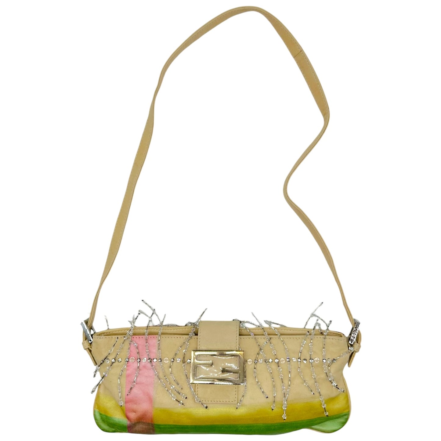 Fendi Pastel Painted Leather & Beaded Rhinestone Embellished Crossbody Baguette Bag