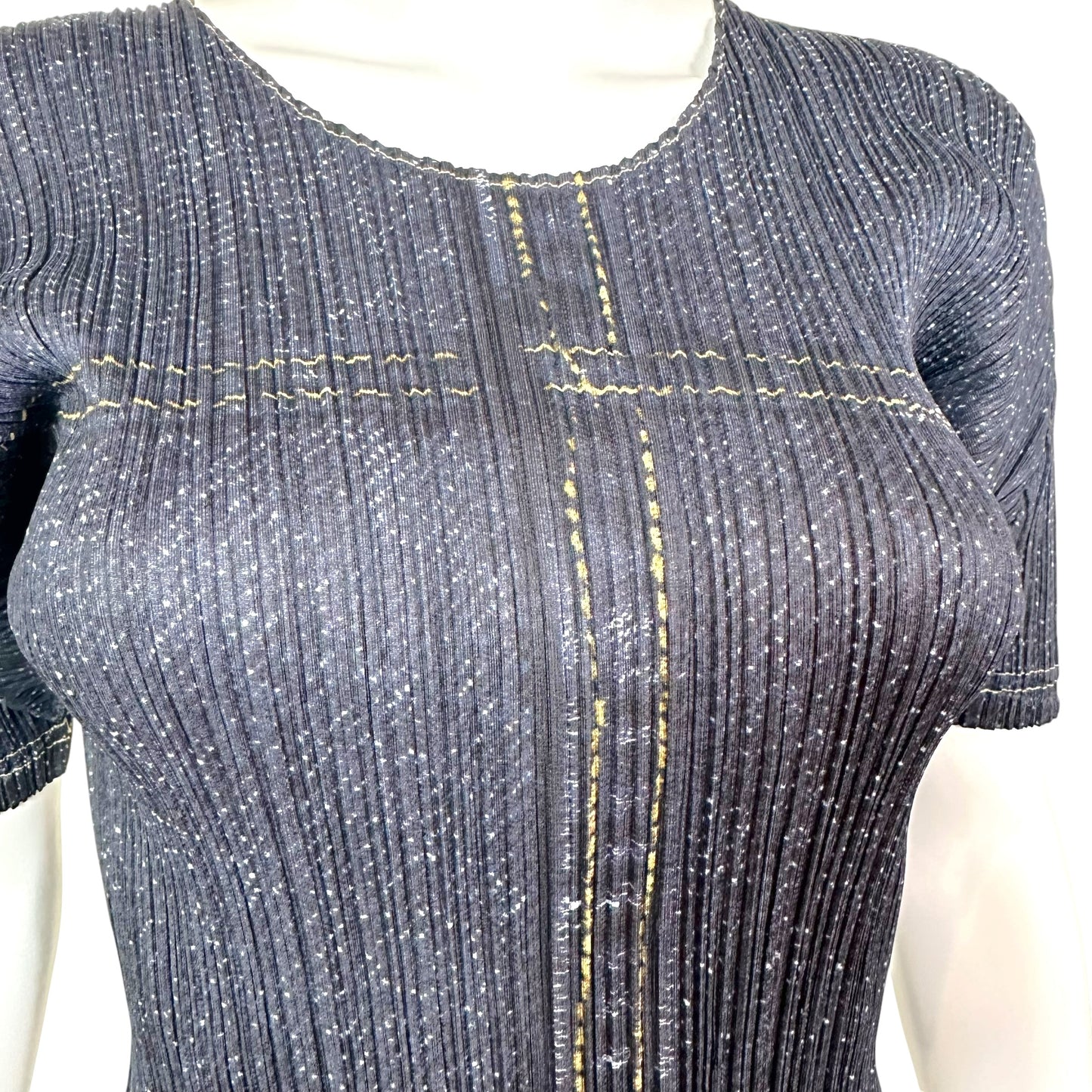 Issey Miyake Pleats Please Dark Wash Denim Printed T-Shirt
