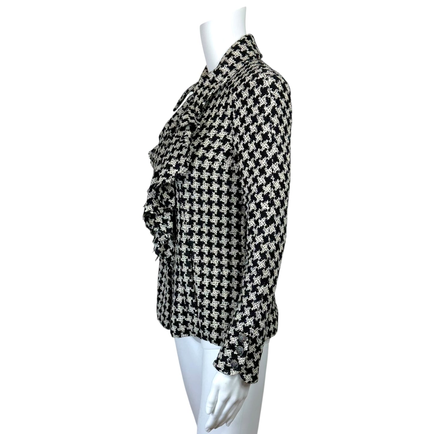 Chanel Spring 2009 Black & White Houndstooth Tweed Ruffle Trim Jacket