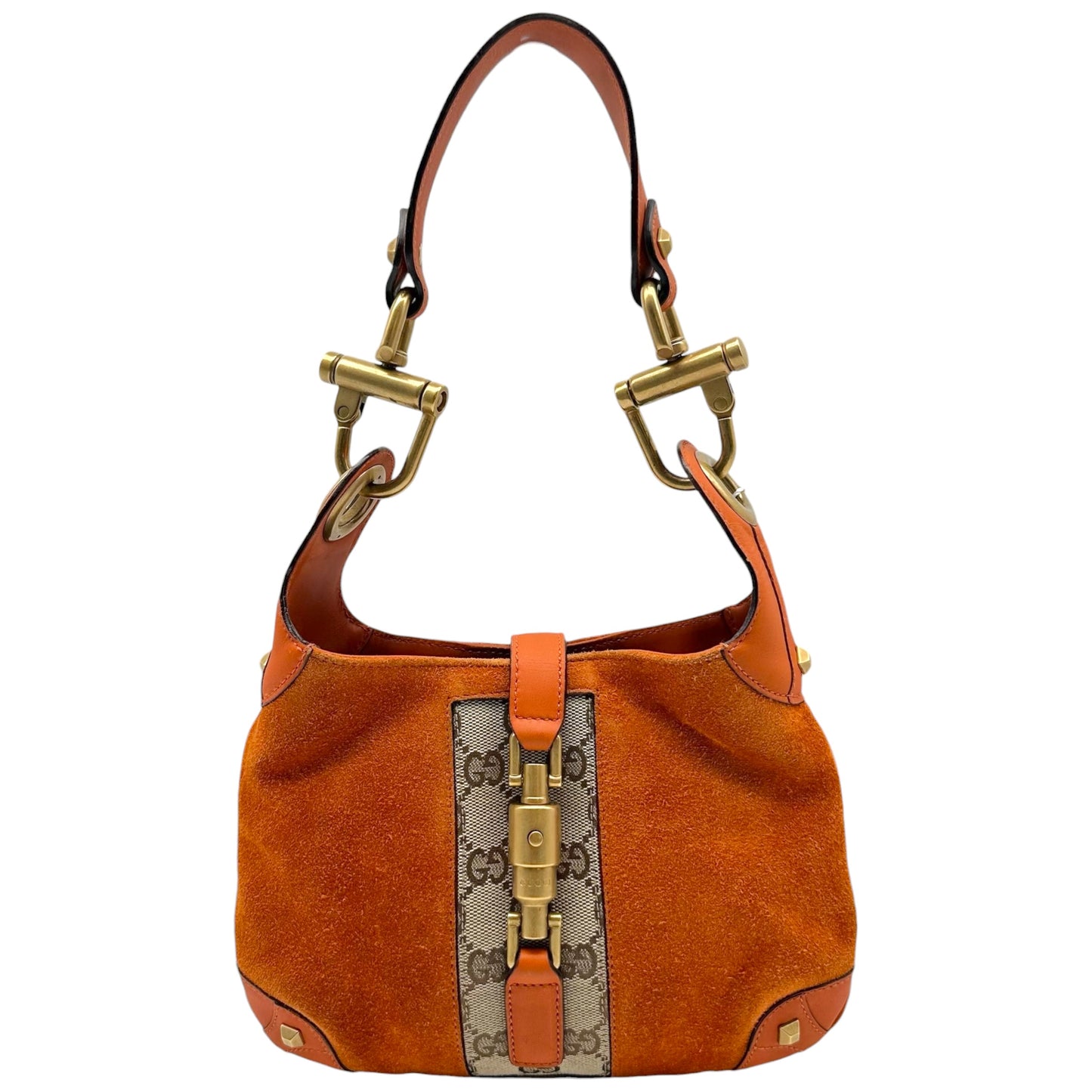 Gucci Small Piston Lock Shoulder Bag Burnt Orange Suede