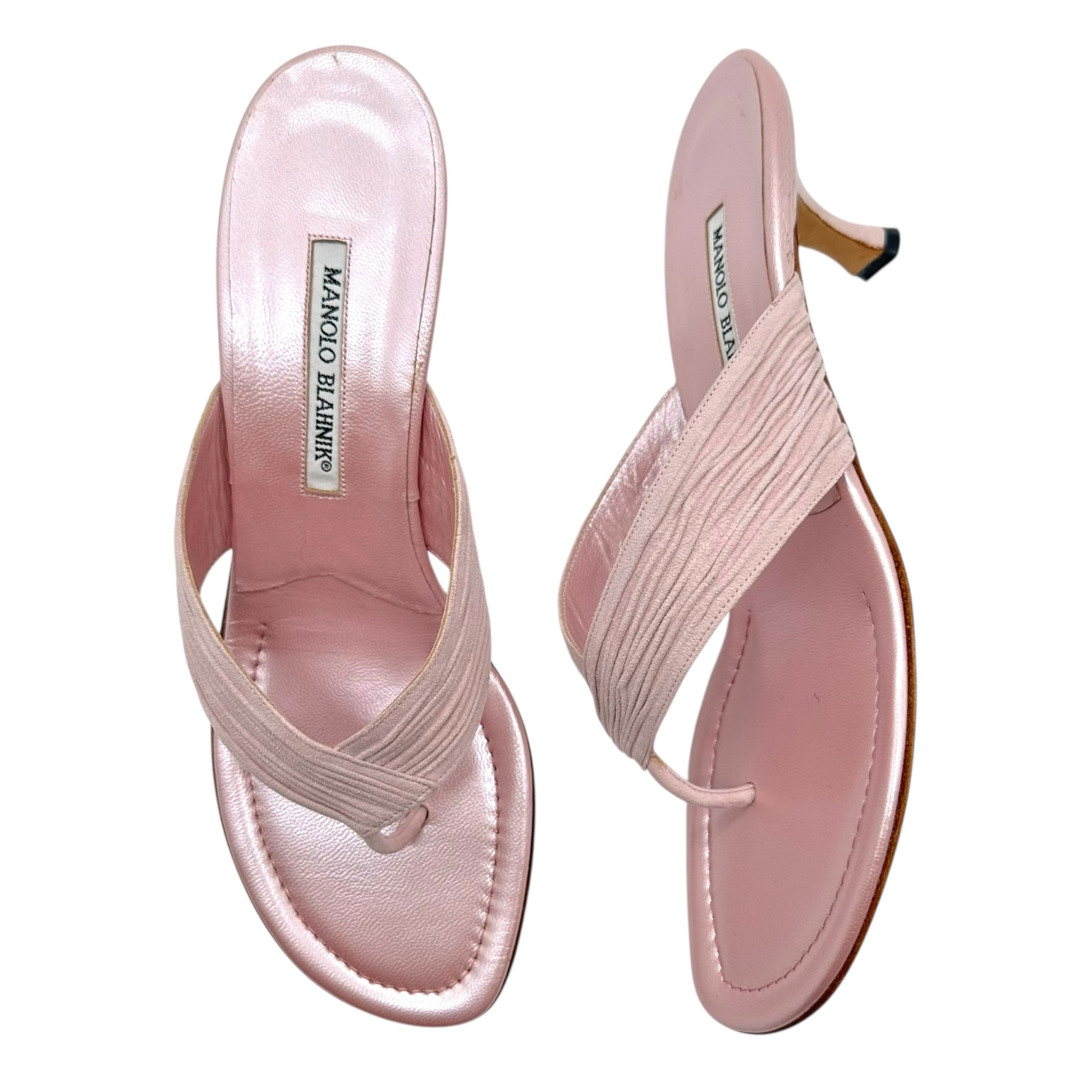 Manolo Blahnik Pink Suede Kitten Heels Flip Flops - Outfit Repeater