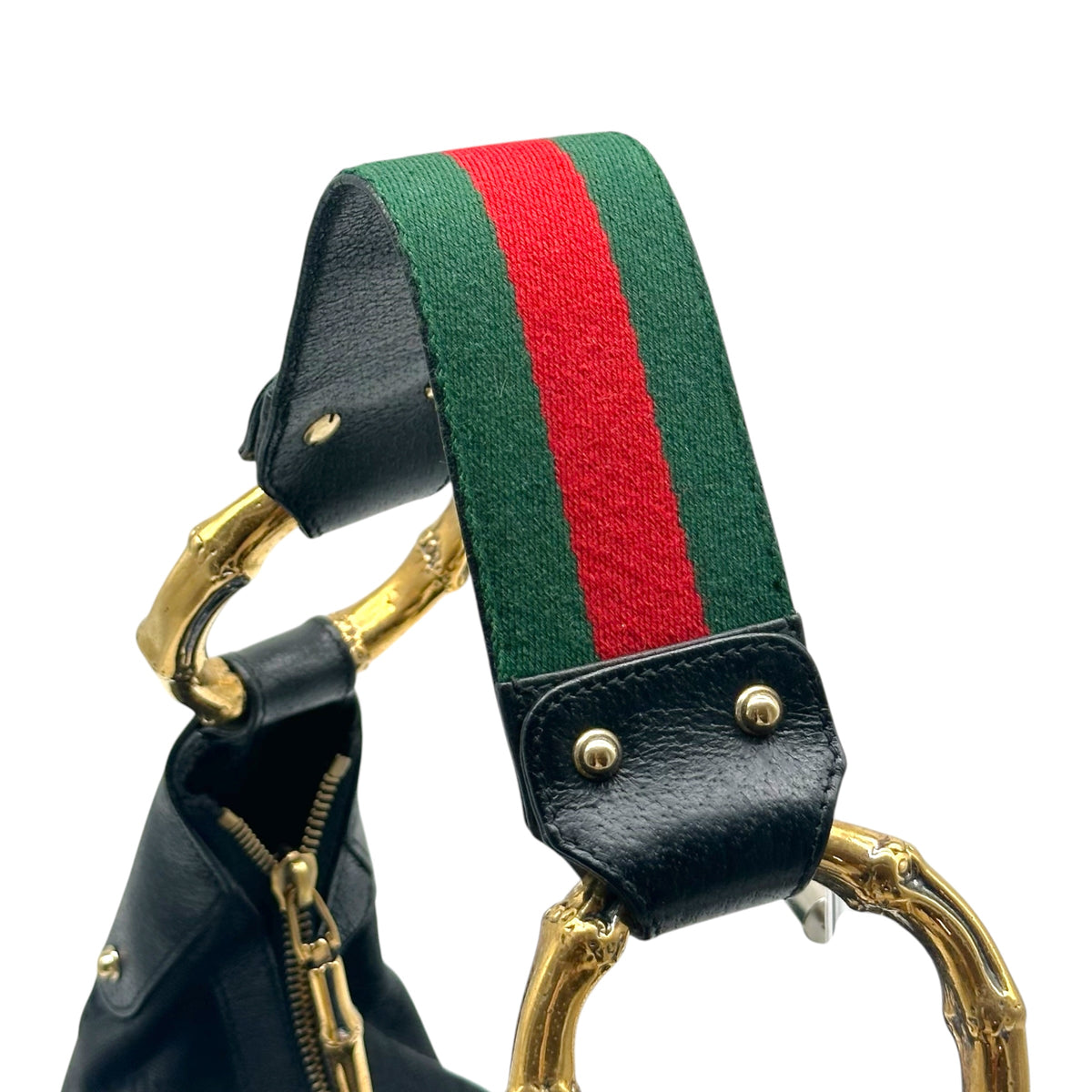 Gucci Black Monogram & Gold Bamboo Web Stripe Crescent Shoulder Bag