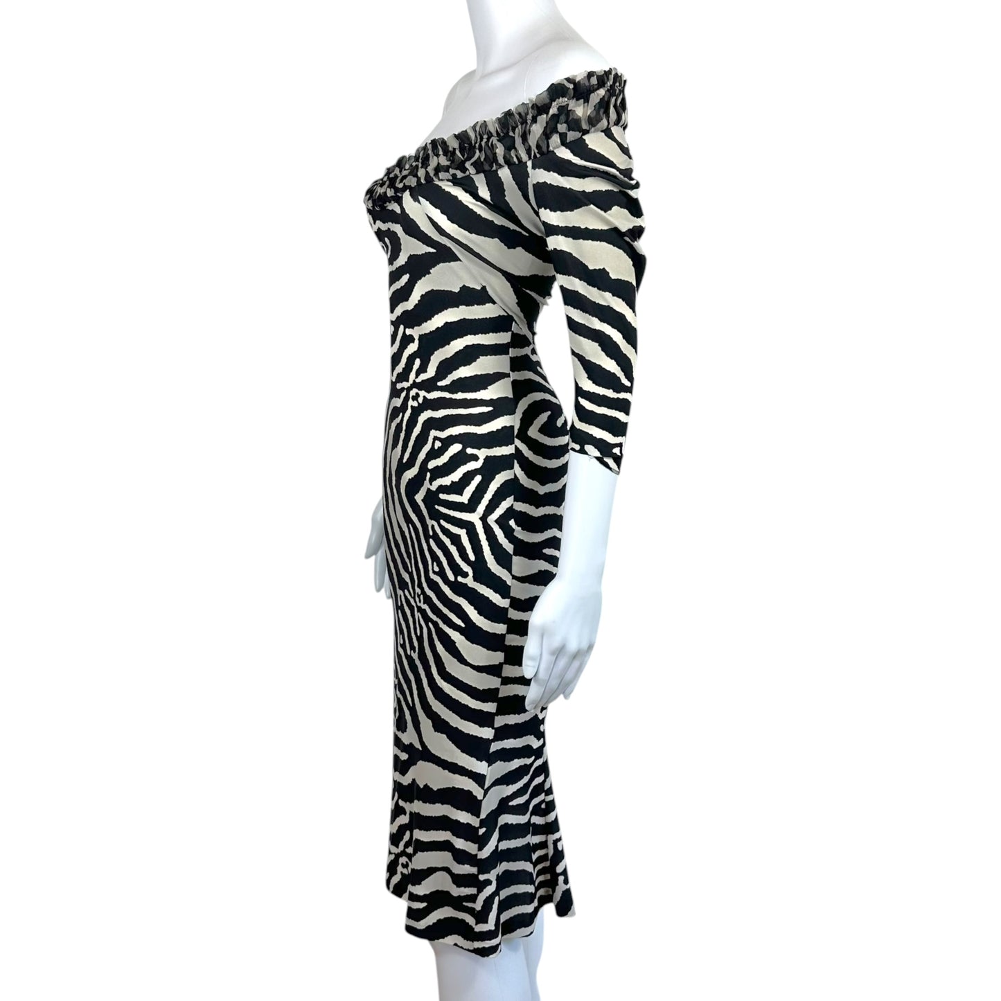 Roberto Cavalli 2007 Zebra Print Plunge Neckline Midi Dress