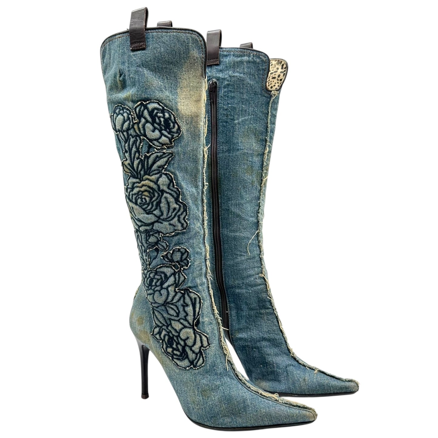 Roberto Cavalli Denim Embroidered Pointed Toe Heeled Boots
