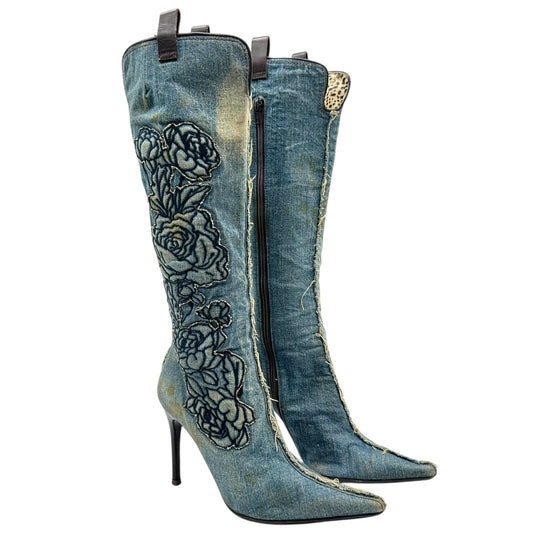 Roberto Cavalli Denim Embroidered Pointed Toe Heeled Boots