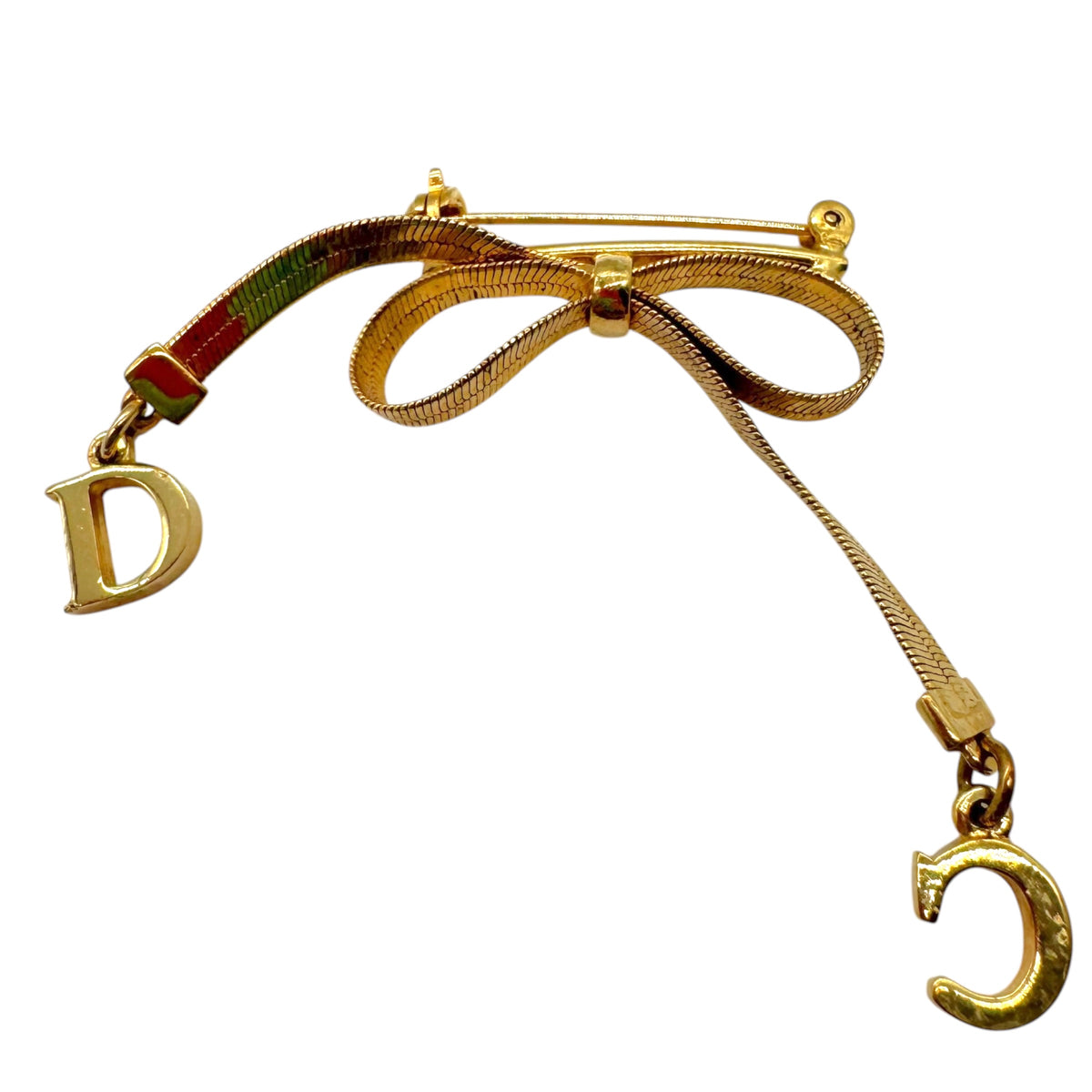 Christian Dior Gold Bow Brooch with CD Logo Charms