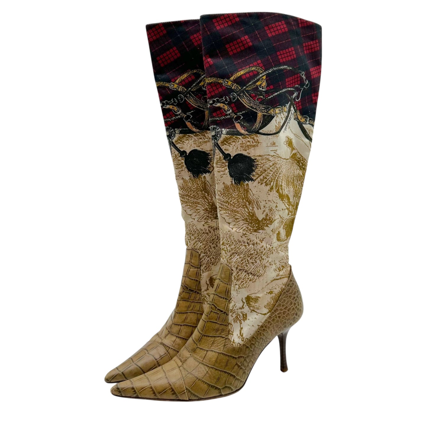 Roberto Cavalli Croc Embossed and Canvas Print Heeled Boots