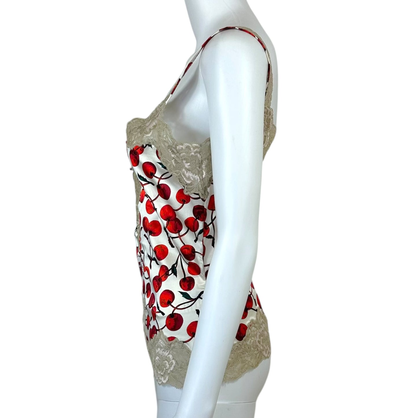 Dolce & Gabbana Cherry Print Silk Lace Trim Rhinestone Logo Cami Top