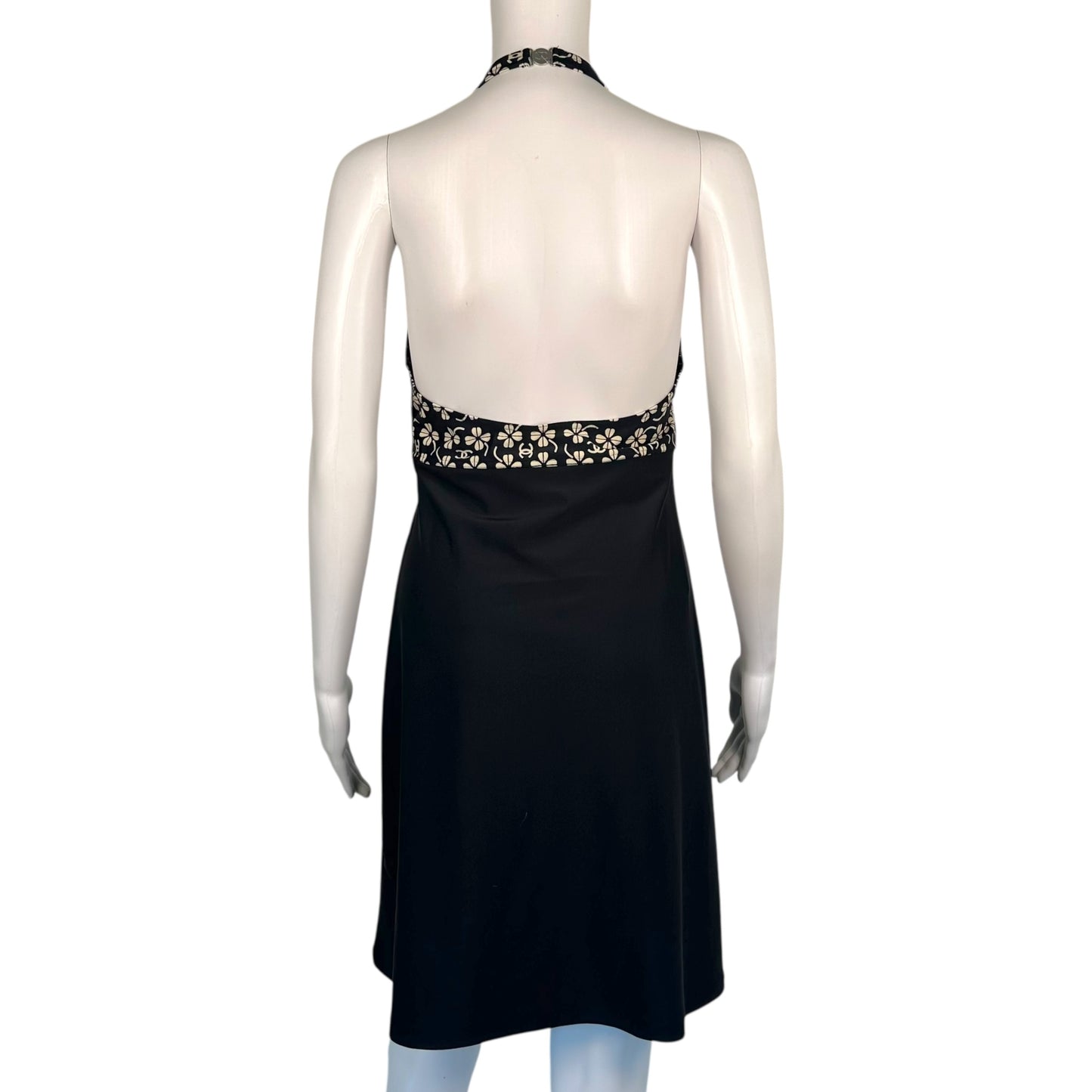 Chanel Spring 2001 Navy Blue & Ivory Clover & Logo Print Mini Halter Dress