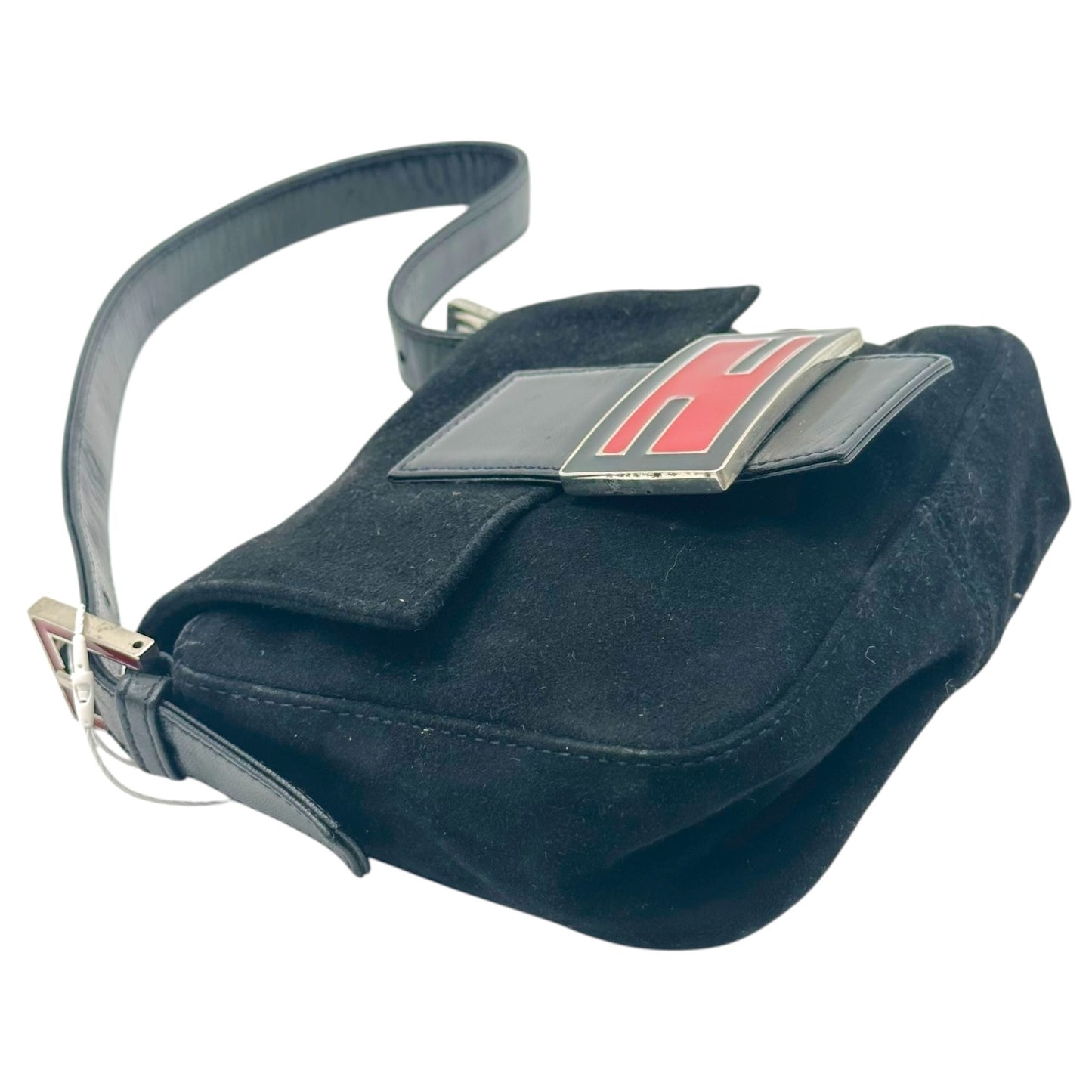 Fendi Black Suede Mini Baguette Bag with Red Buckle