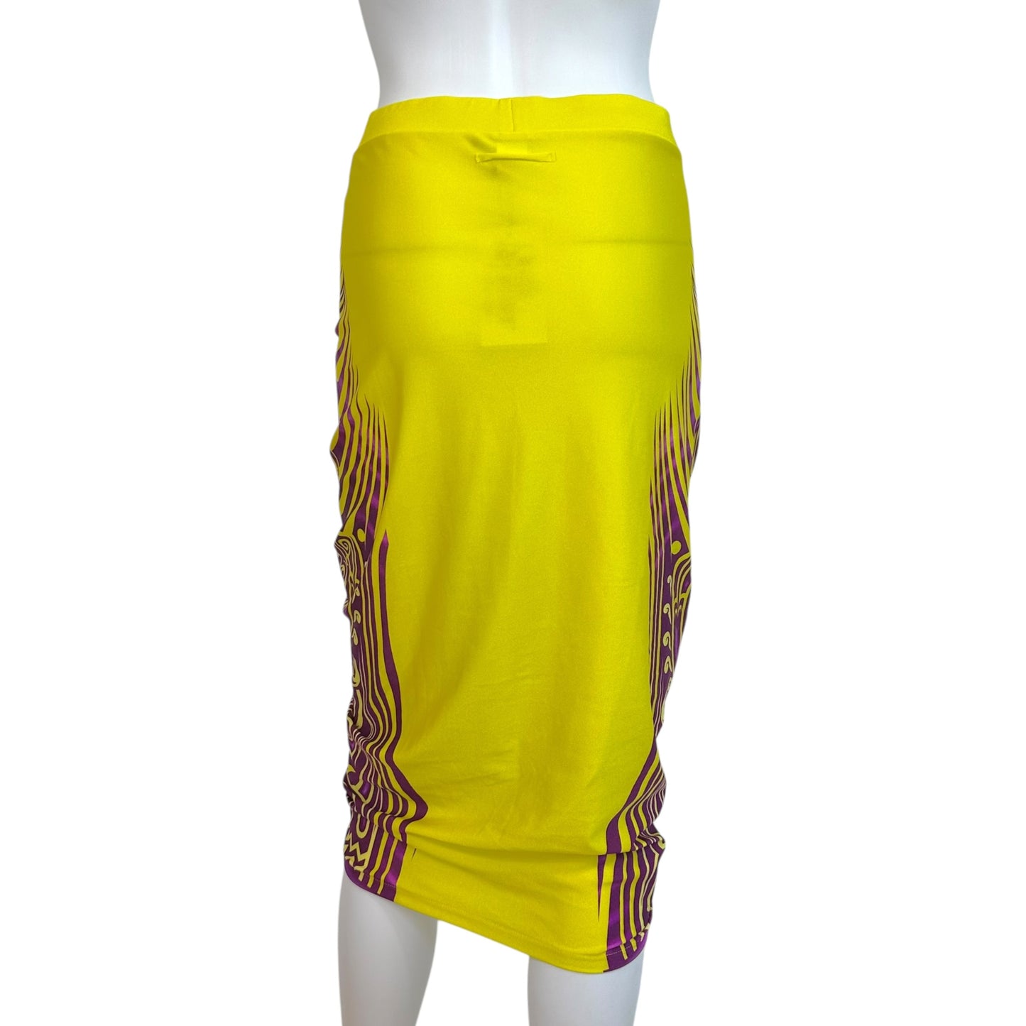 Jean Paul Gaultier Soleil Yellow & Purple Tribal Print Ruched Midi Skirt