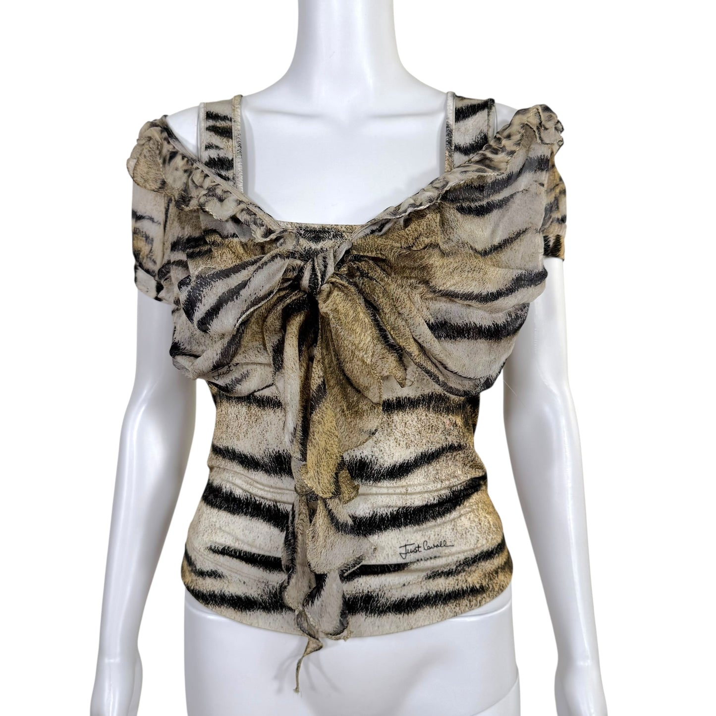 Just Cavalli Roberto Cavalli Tiger Print Silk Overlay Top - Outfit Repeater