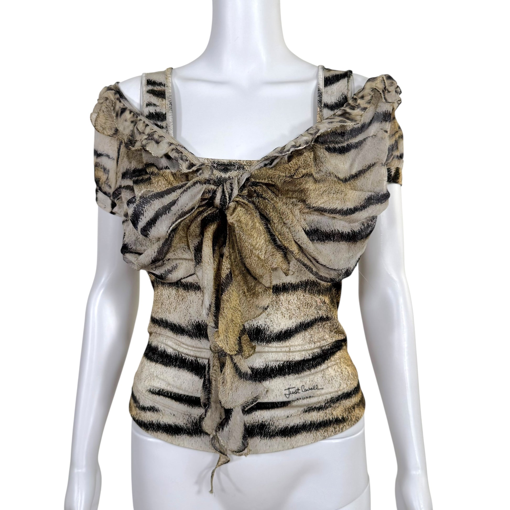 Just Cavalli Roberto Cavalli Tiger Print Silk Overlay Top - Outfit Repeater