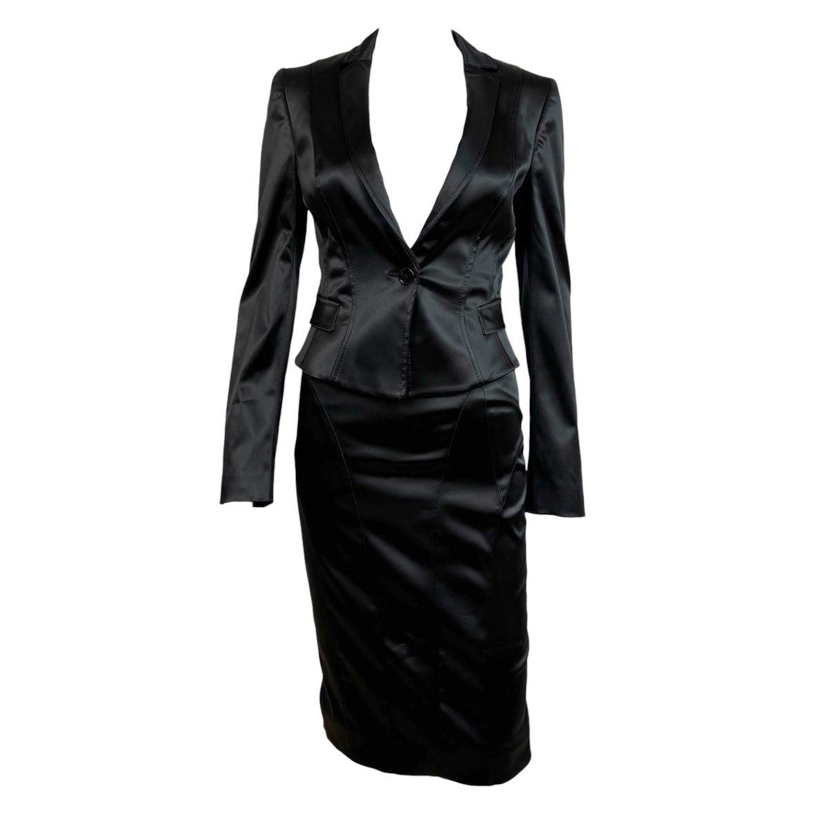 Dolce & Gabbana Black Satin Cropped Blazer Midi Skirt Suit